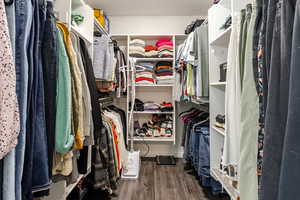 Walk in closet with dark wood-type flooring