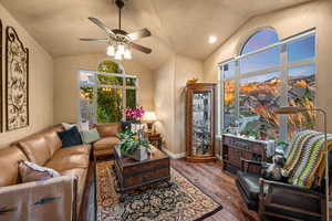 Living area featuring vaulted ceiling, dark wood-style flooring, and a ceiling fan