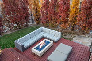 Deck featuring a fenced backyard and an outdoor fire pit