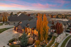 Aerial view at dusk of a residential view and a mountain view