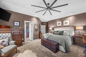 Primary Bedroom featuring carpet, ceiling fan, ensuite bath, and recessed lighting