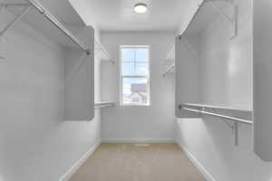 Spacious closet with light colored carpet