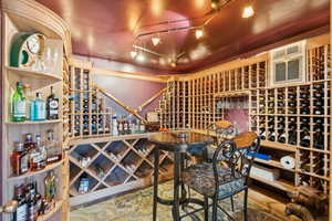 Wine area featuring rail lighting and stone finish floors