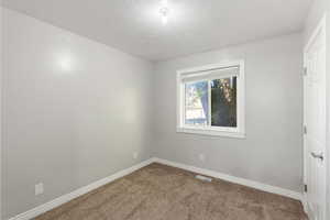 Carpeted empty room featuring baseboards and a textured ceiling