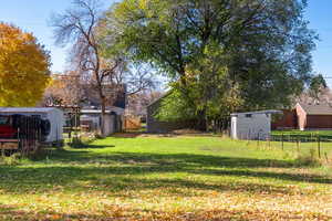 View of yard featuring a shed