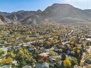 Aerial overview of property's location with nearby suburban area