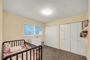 Carpeted bedroom featuring multiple closets and a nursery area