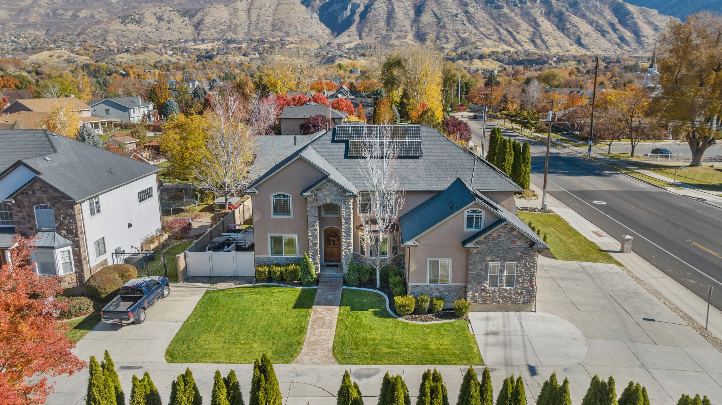 Drone / aerial view of a mountain backdrop