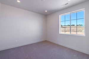 Spare room featuring carpet and recessed lighting