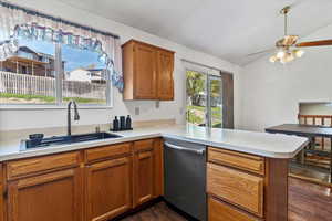 Bronze SS appliances, and the most amazing single basin sink with waterfall spout sprayer, produce and cup washer, & strainer insert