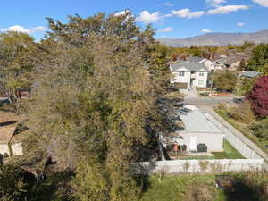 Aerial view of residential area with a mountainous background