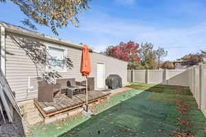 Rear view of property featuring a fenced backyard and a deck