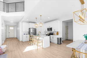 Kitchen with a chandelier, a breakfast bar area, white cabinets, a center island with sink, and recessed lighting
