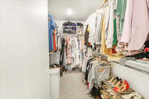 Spacious closet featuring light colored carpet and attic access