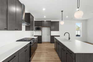 Kitchen with appliances with stainless steel finishes, dark brown cabinetry, wall chimney exhaust hood, light wood finished floors, and pendant lighting