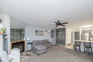 Living area with a large fireplace