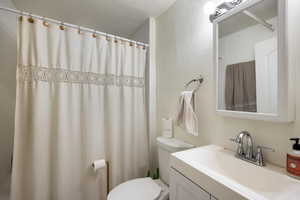 Bathroom featuring a textured wall, a shower with curtain, and vanity