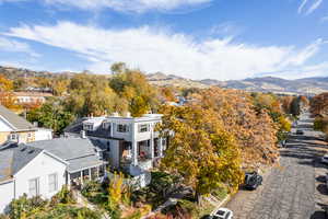 Aerial view of residential area featuring mountains
