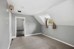 Additional living space featuring carpet flooring and vaulted ceiling
