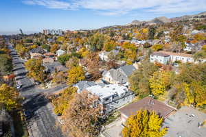 Aerial perspective of suburban area with mountains