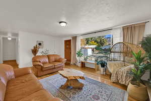Living room with wood finished floors and a textured ceiling