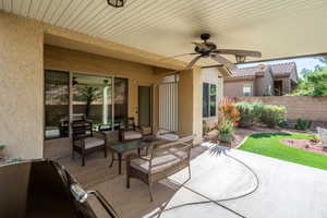 View of patio featuring outdoor lounge area and ceiling fan