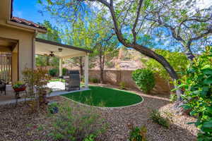 Fenced backyard with a patio area and ceiling fan and area for pets.