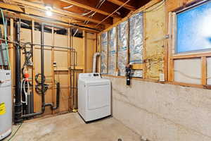 Unfinished below grade area with dryer and water heater
