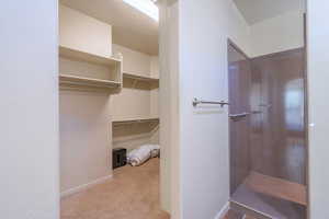 Bathroom featuring a spacious closet, light colored carpet, and a walk in shower