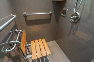 Detailed view of a shower with removable bench seat