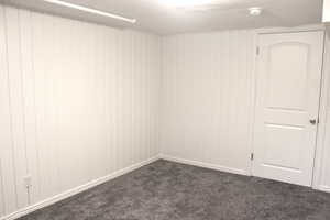 Room featuring carpet flooring and wood walls