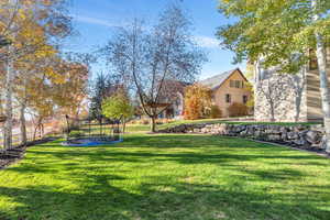 View of grassy yard featuring a trampoline