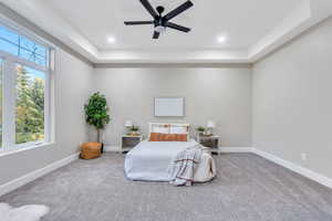Bedroom with a raised ceiling, carpet, and a ceiling fan
