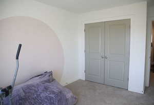 Bedroom featuring carpet flooring and a closet