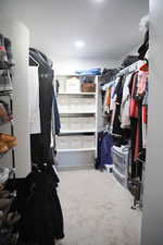 Walk in closet with light colored carpet
