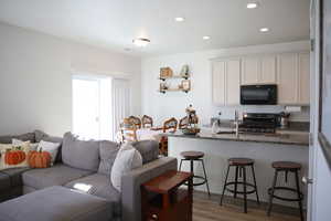 Living area with light wood-type flooring and recessed lighting