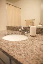 Bathroom featuring vanity and a shower with shower curtain
