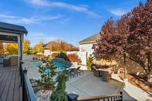View of swimming pool with an outdoor living space, a patio area, and a fenced backyard