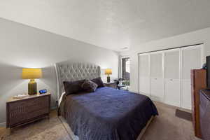 Bedroom with a textured ceiling, carpet, and a closet