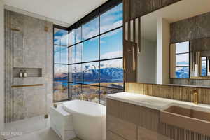 Full bath with a bath, a mountain view, a shower stall, vanity, and floor to ceiling windows