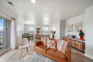 Living room featuring a textured ceiling, light wood-style floors, and rail lighting