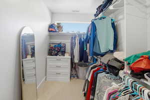 Spacious closet featuring light colored carpet