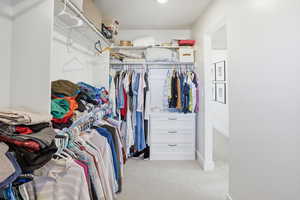 Spacious closet featuring light colored carpet