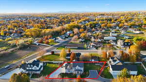Aerial perspective of suburban area with mountains