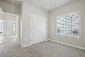 Unfurnished bedroom featuring light carpet, multiple windows, and a closet