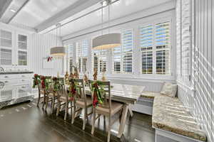Dining area featuring breakfast area and dark wood-style floors