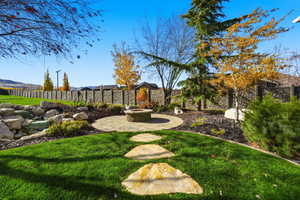 Fenced backyard featuring a patio and a fire pit