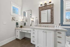 Primary Bathroom featuring vanity and dark tile patterned floors