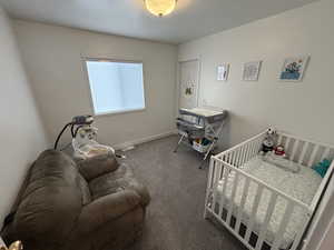 Carpeted bedroom featuring baseboards and a textured ceiling