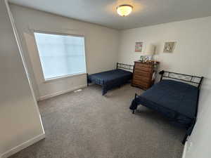 Bedroom featuring carpet flooring and a textured ceiling